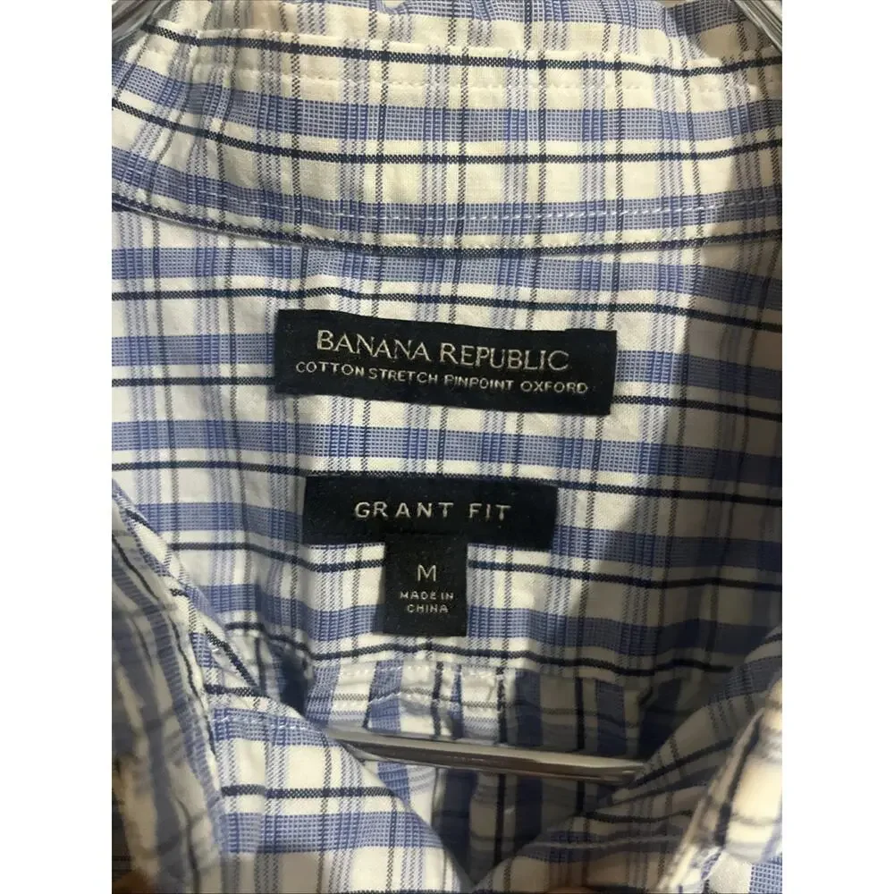 Banana Republic Shirt Mens M Blue Plaid Long Sleeve Grant Fit Button Down Office